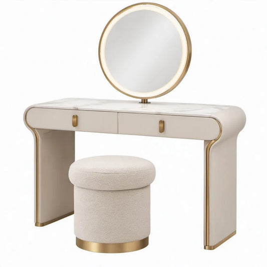 Kaptafelset met ronde spiegel en kruk, 100 x 45 x 78 cm, crèmekleurig/wit/goud
