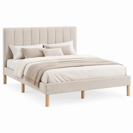 Gestoffeerd tweepersoonsbed 160 x 200 cm beige met verticaal hoofdeinde en houten poten