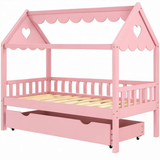 Roze huisvormig kinderbed van massief grenenhout met uitschuiflade, 90 x 200 cm